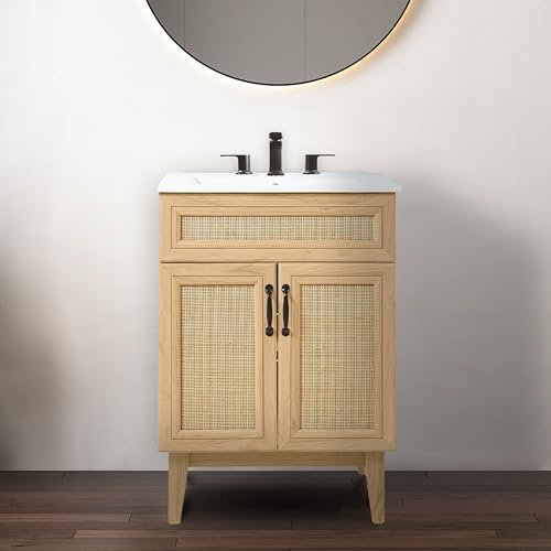 JONATHAN Y VAN1009A Javer 24 in. W x 18 in. D x 33 in. H Rattan Modern Farmhouse 2-Shelf Bath Vanity Cabinet Only (Sink Basin not Included), Oak