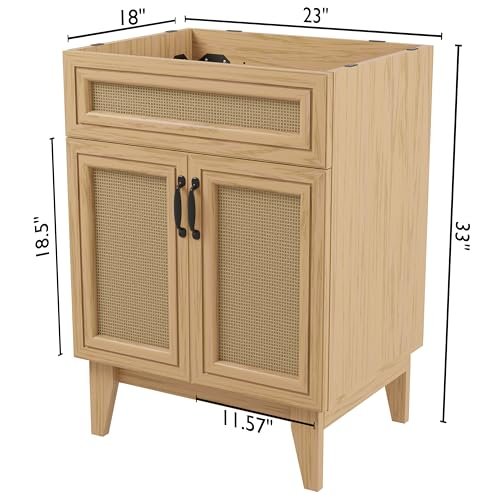 JONATHAN Y VAN1009A Javer 24 in. W x 18 in. D x 33 in. H Rattan Modern Farmhouse 2-Shelf Bath Vanity Cabinet Only (Sink Basin not Included), Oak