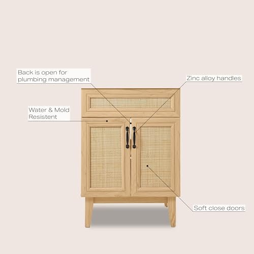 JONATHAN Y VAN1009A Javer 24 in. W x 18 in. D x 33 in. H Rattan Modern Farmhouse 2-Shelf Bath Vanity Cabinet Only (Sink Basin not Included), Oak