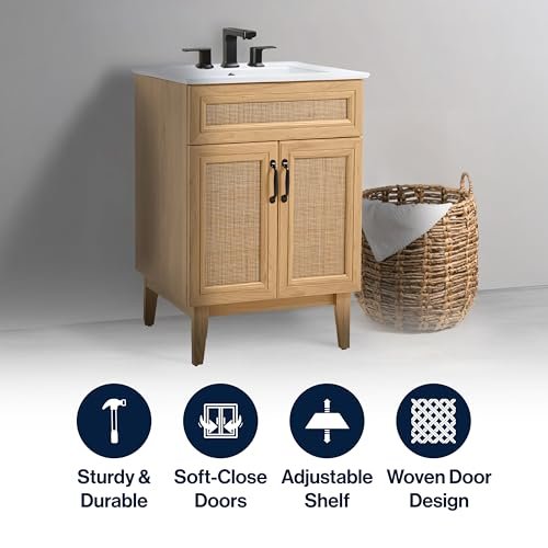 JONATHAN Y VAN1009A Javer 24 in. W x 18 in. D x 33 in. H Rattan Modern Farmhouse 2-Shelf Bath Vanity Cabinet Only (Sink Basin not Included), Oak