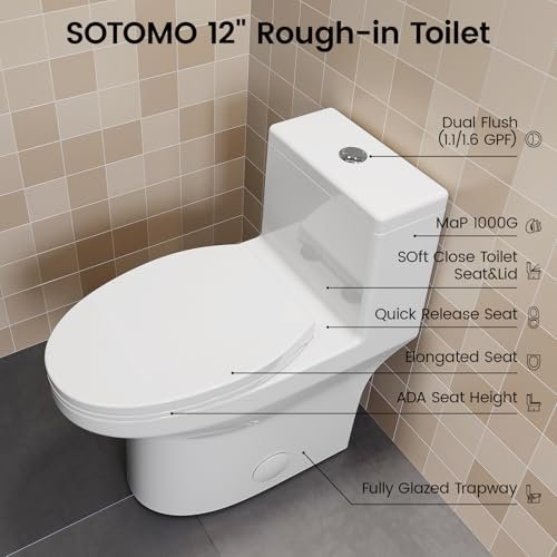 K-0351DF Elongated One Piece Toilet, ADA Comfort Seat Height 17.2", Dual Flush 1.1/1.6 GPF Compact Toilet, Soft-Close Seat, 12" Rough-In, MAP 1000g for Bathrooms, Modern White Skirted Toilet