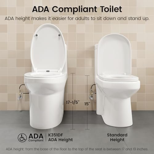 K-0351DF Elongated One Piece Toilet, ADA Comfort Seat Height 17.2", Dual Flush 1.1/1.6 GPF Compact Toilet, Soft-Close Seat, 12" Rough-In, MAP 1000g for Bathrooms, Modern White Skirted Toilet