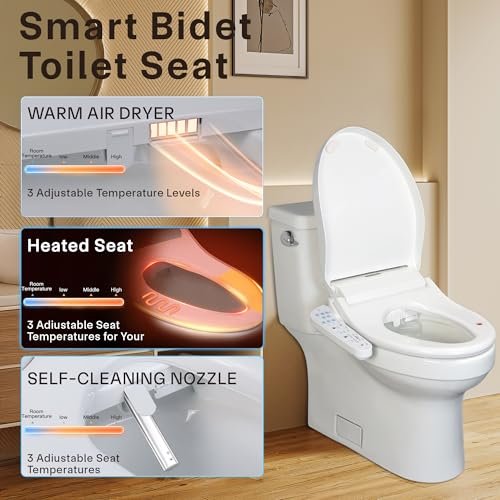 KERDE P30B Smart Bidet Toilet Seat - Dual Control (Side Panel & Remote), Warm Water Wash, Heated Seat, Warm Air Dryer, LED Night Light,Existing Toilets Electric Bidet Elongated Electronic Heated