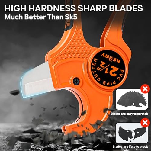 Kerry PVC Pipe Cutter, Up to 2-1/2" Ratcheting Heavy-Duty PEX POLY PE Plastic Hoses and Plumbing Tube Cutting Tool, Stainless Steel Blades, Thicken Aluminum Body Efficient Extended Handle