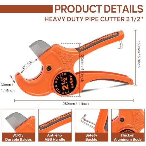 Kerry PVC Pipe Cutter, Up to 2-1/2" Ratcheting Heavy-Duty PEX POLY PE Plastic Hoses and Plumbing Tube Cutting Tool, Stainless Steel Blades, Thicken Aluminum Body Efficient Extended Handle