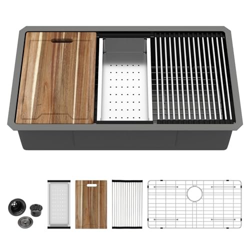 Kichae 32 Inch Undermount Kitchen Sink Black - 32" x 19" Kitchen Sink Workstation Gunmetal Black Stainless Steel 16 Gauge Handmade Single Bowl Basin