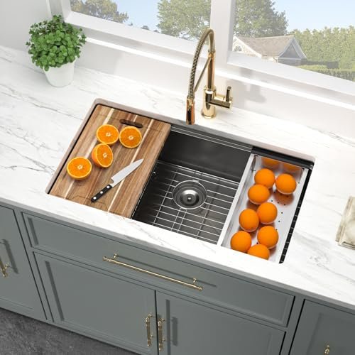 Kichae 32 Inch Undermount Kitchen Sink Black - 32" x 19" Kitchen Sink Workstation Gunmetal Black Stainless Steel 16 Gauge Handmade Single Bowl Basin