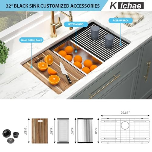 Kichae 32 Inch Undermount Kitchen Sink Black - 32" x 19" Kitchen Sink Workstation Gunmetal Black Stainless Steel 16 Gauge Handmade Single Bowl Basin