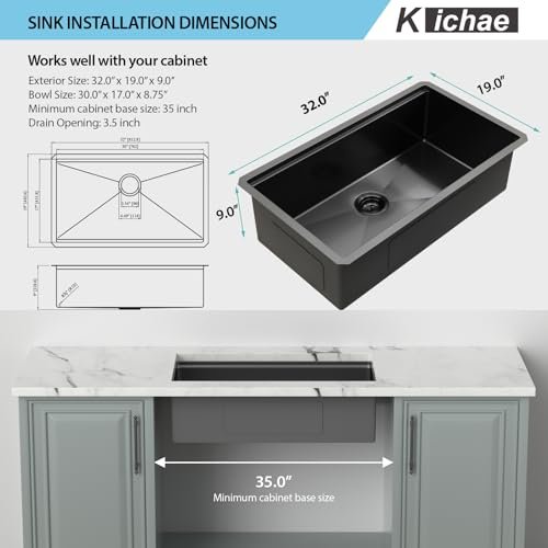 Kichae 32 Inch Undermount Kitchen Sink Black - 32" x 19" Kitchen Sink Workstation Gunmetal Black Stainless Steel 16 Gauge Handmade Single Bowl Basin