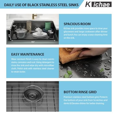 Kichae 32 Inch Undermount Kitchen Sink Black - 32" x 19" Kitchen Sink Workstation Gunmetal Black Stainless Steel 16 Gauge Handmade Single Bowl Basin