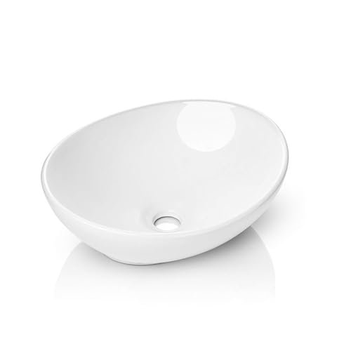 Kichae Oval Vessel Sink 16"x13" Modern Bathroom Vessel Sink Above Counter Egg Oval Shape White Porcelain Ceramic Vessel Vanity Sink Art Basin