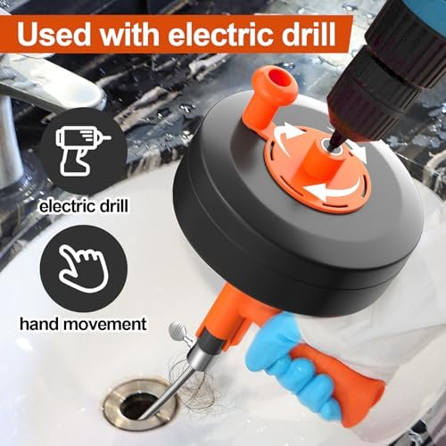 KINGLEV Drain Snake, 50ft Flexible Steel Drain Auger With Drill Adapter, Heavy Duty Sink Plumbing Unblocking Hand Auger, Manual Or Powered for Shower & Bathtub Clogs- No auto retract or feed