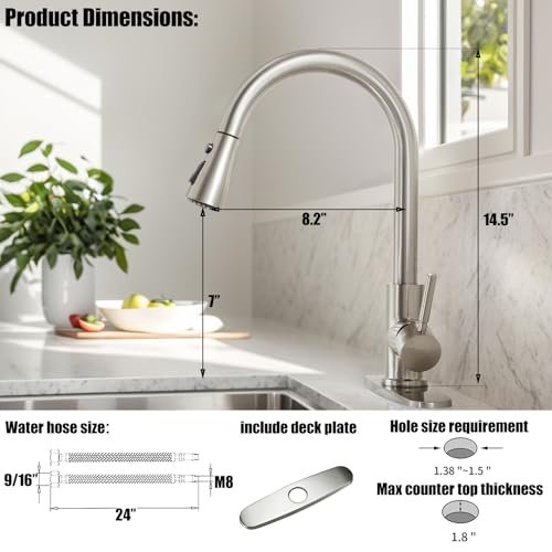 KINGO Kitchen Faucet, Brushed Nickel Kitchen Faucets with Pull Down Sprayer, High Arc Single Handle Stainless Steel Sink Faucets 1 or 3 Hole, Kitchen Sink Faucets for Farmhouse Camper Laundry Rv Bar