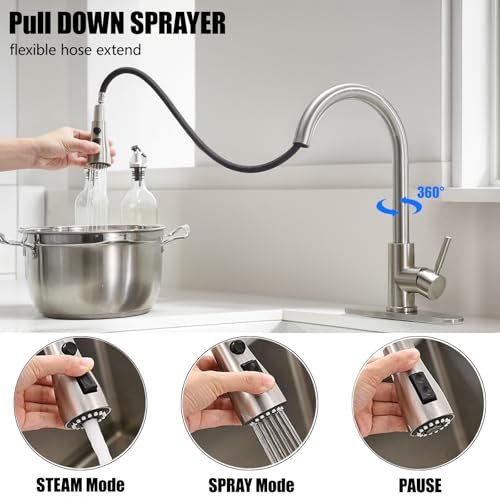 KINGO Kitchen Faucet, Brushed Nickel Kitchen Faucets with Pull Down Sprayer, High Arc Single Handle Stainless Steel Sink Faucets 1 or 3 Hole, Kitchen Sink Faucets for Farmhouse Camper Laundry Rv Bar
