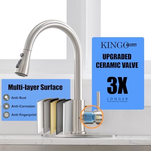KINGO Kitchen Faucet, Brushed Nickel Kitchen Faucets with Pull Down Sprayer, High Arc Single Handle Stainless Steel Sink Faucets 1 or 3 Hole, Kitchen Sink Faucets for Farmhouse Camper Laundry Rv Bar
