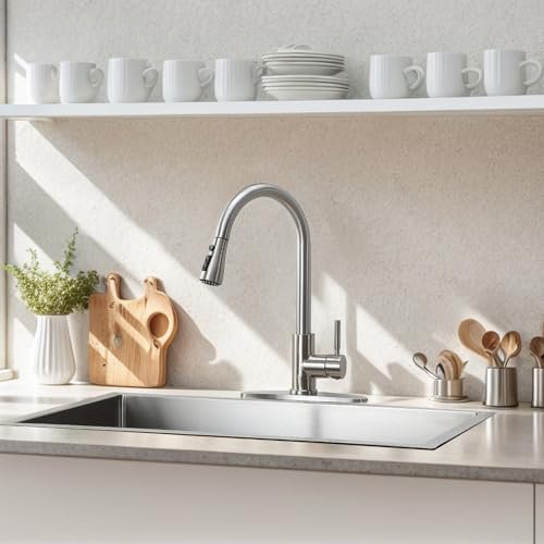 KINGO Kitchen Faucet, Brushed Nickel Kitchen Faucets with Pull Down Sprayer, High Arc Single Handle Stainless Steel Sink Faucets 1 or 3 Hole, Kitchen Sink Faucets for Farmhouse Camper Laundry Rv Bar