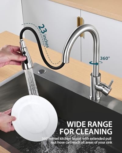 Kitchen Faucet with Pull Down Sprayer, Brushed Nickel High Arc Single Handle Kitchen Sink Faucet for Pot Filler, Stainless Steel Commercial Modern Rv Farmhouse Camper Laundry Bar Sink Faucets