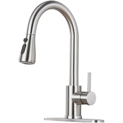 Kitchen Faucet with Pull Down Sprayer - Brushed Nickel Single Handle Kitchen Faucets, High Arc Stainless Steel Pull Out Kitchen Sink Faucet with Deck for RV Laundry Farmhouse Bar