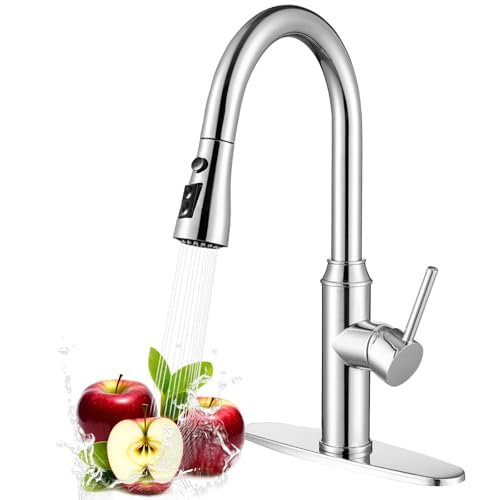 Kitchen Faucet with Pull Down Sprayer, Chrome Faucet for Kitchen Sink Stainless Steel Kitchen Faucets, Single Handle 1 or 3 Hole Faucet with Escutcheon for RV, Outdoor, Laundry & Utility Room Sink
