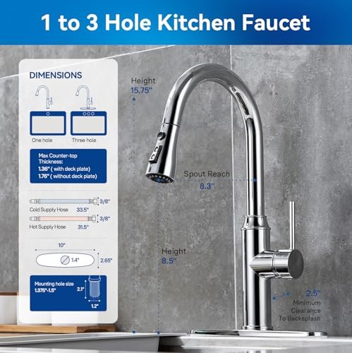 Kitchen Faucet with Pull Down Sprayer, Chrome Faucet for Kitchen Sink Stainless Steel Kitchen Faucets, Single Handle 1 or 3 Hole Faucet with Escutcheon for RV, Outdoor, Laundry & Utility Room Sink