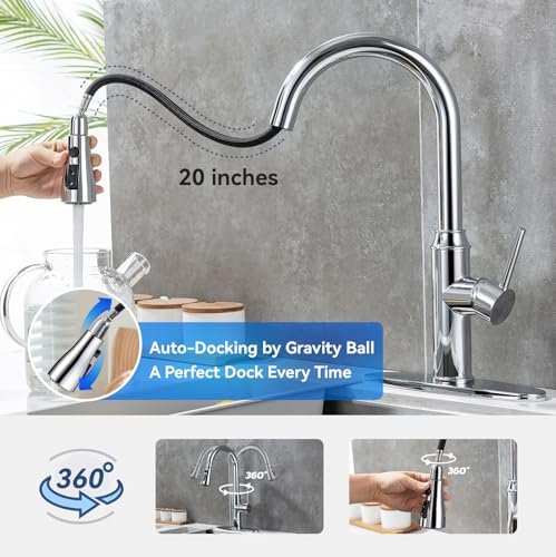 Kitchen Faucet with Pull Down Sprayer, Chrome Faucet for Kitchen Sink Stainless Steel Kitchen Faucets, Single Handle 1 or 3 Hole Faucet with Escutcheon for RV, Outdoor, Laundry & Utility Room Sink