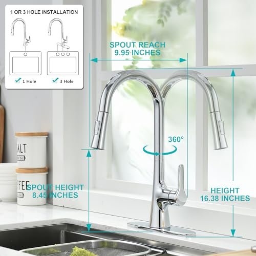 Kitchen Faucet with Pull Down Sprayer, Polished Chrome Kitchen Sink Faucet 1 or 3 Hole, High Arc Single Handle Spot Resist Stainless Steel Kitchen Faucets for Farmhouse Camper Laundry Rv Bar