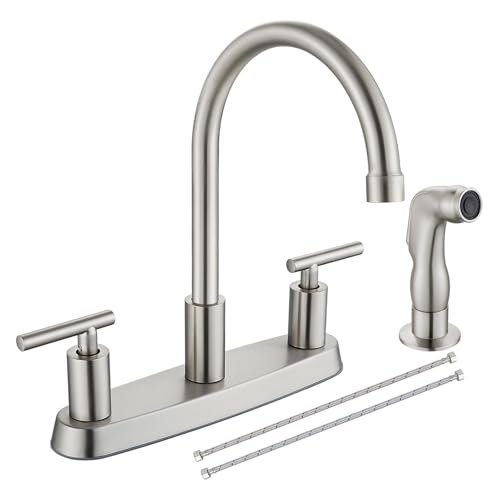 Kitchen Faucets, High Arc 360°Rotating Spout Kitchen Sink Faucet 2 Handle 8 Inch Centerset RV Kitchen Faucet with Supply Lines, 3 Hole Kitchen Faucet with Side Sprayer, Brushed Nickel