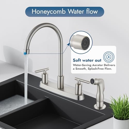 Kitchen Faucets, High Arc 360°Rotating Spout Kitchen Sink Faucet 2 Handle 8 Inch Centerset RV Kitchen Faucet with Supply Lines, 3 Hole Kitchen Faucet with Side Sprayer, Brushed Nickel