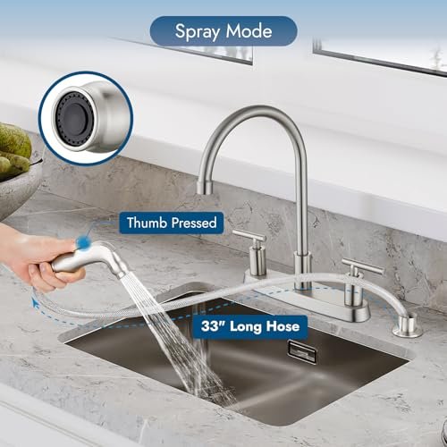 Kitchen Faucets, High Arc 360°Rotating Spout Kitchen Sink Faucet 2 Handle 8 Inch Centerset RV Kitchen Faucet with Supply Lines, 3 Hole Kitchen Faucet with Side Sprayer, Brushed Nickel