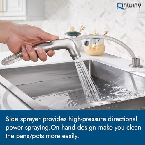 Kitchen Faucets, High Arc 360°Rotating Spout Kitchen Sink Faucet 2 Handle 8 Inch Centerset RV Kitchen Faucet with Supply Lines, 3 Hole Kitchen Faucet with Side Sprayer, Brushed Nickel