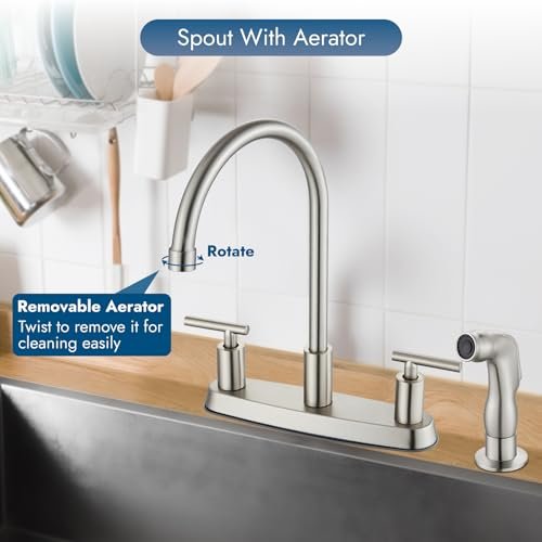 Kitchen Faucets, High Arc 360°Rotating Spout Kitchen Sink Faucet 2 Handle 8 Inch Centerset RV Kitchen Faucet with Supply Lines, 3 Hole Kitchen Faucet with Side Sprayer, Brushed Nickel