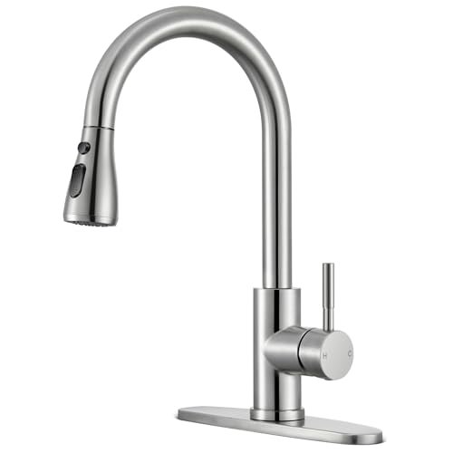 Kitchen Faucets with Pull Down Sprayer, High Arc Single Handle Stainless Steel Commercial Kitchen Faucet 1 or 3 Hole Sink Faucet for Farmhouse Camper Laundry Rv Bar, Brushed Nickel