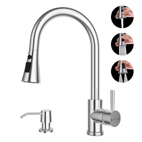 Kitchen Faucets with Soap Dispenser, Brushed Nickel Kitchen Faucet with Pull Down Sprayer 3 Modes, Stainless Steel Modern Kitchen Sink Faucets High Arch Single Handle Faucet