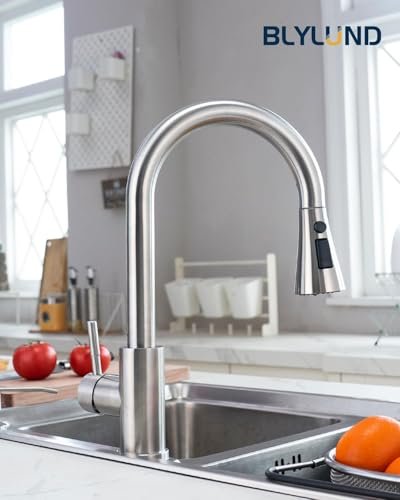 Kitchen Faucets with Soap Dispenser, Brushed Nickel Kitchen Faucet with Pull Down Sprayer 3 Modes, Stainless Steel Modern Kitchen Sink Faucets High Arch Single Handle Faucet