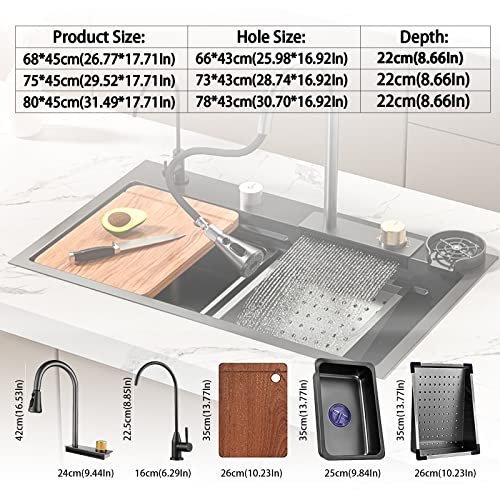 Kitchen Sink Black Square Flying Rain Waterfall Sink 304 Stainless Steel Single Bowl Sinks Undermount Workstation Sink With Pull-Down Faucet Cup Washer (Color : Black, Size : BLACK-31.5 * 17.7In)