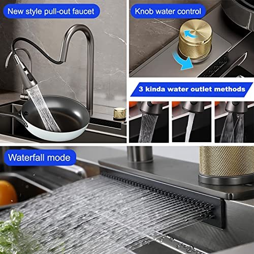 Kitchen Sink Black Square Flying Rain Waterfall Sink 304 Stainless Steel Single Bowl Sinks Undermount Workstation Sink With Pull-Down Faucet Cup Washer (Color : Black, Size : BLACK-31.5 * 17.7In)