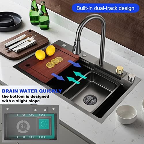 Kitchen Sink Black Square Flying Rain Waterfall Sink 304 Stainless Steel Single Bowl Sinks Undermount Workstation Sink With Pull-Down Faucet Cup Washer (Color : Black, Size : BLACK-31.5 * 17.7In)