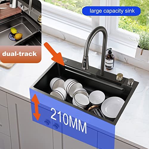 Kitchen Sink Black Square Flying Rain Waterfall Sink 304 Stainless Steel Single Bowl Sinks Undermount Workstation Sink With Pull-Down Faucet Cup Washer (Color : Black, Size : BLACK-31.5 * 17.7In)