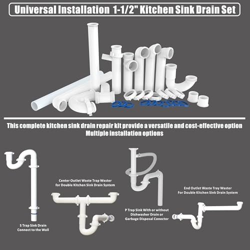 Kitchen Sink Drain Kit,1-1/2" Sink Drain Plumbing Kit - Universal P-Trap Replacement for Kitchen & Bathroom Sinks with Pipe Repair Accessories
