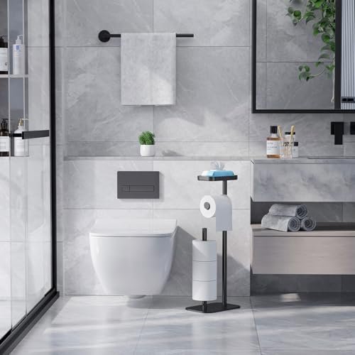 Kitsure Toilet Paper Holder Free Standing – Rustproof Metal Toilet Paper Stand for 4 Rolls with Anti-Slip Base and Shelf for Phone & Small Items, Bathroom Organizers and Storage, Medium, Black