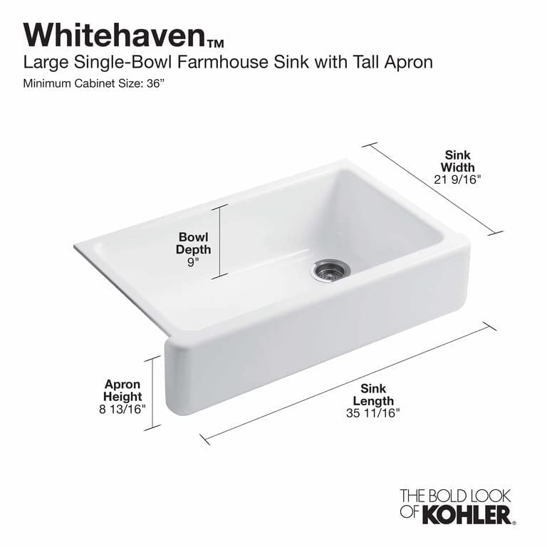 KOHLER 6489-0 Whitehaven 35 3/4" Undermount Single-Bowl Farmhouse Sink, Self-Trimming Tall Apron Front, White, 36 Inch
