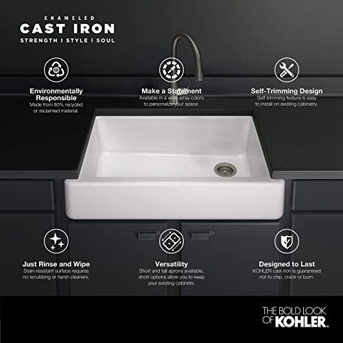 KOHLER 6489-0 Whitehaven 35 3/4" Undermount Single-Bowl Farmhouse Sink, Self-Trimming Tall Apron Front, White, 36 Inch