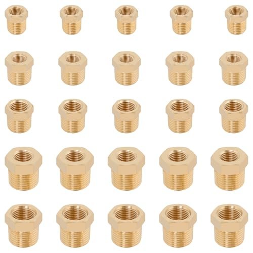KOOTANS 25PCS Brass Hex Bushing Kit Brass Fittings Assortment 1/4" to 1/8", 3/8" to 1/8", 3/8" to 1/4", 1/2" to 1/4", 1/2" to 3/8" NPT Reducer Pipe Fittings Adapter Fitting