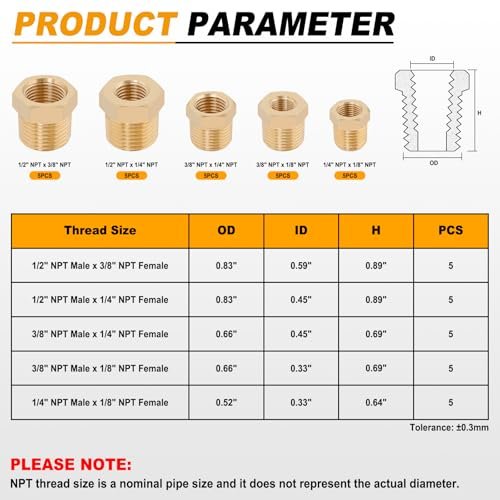 KOOTANS 25PCS Brass Hex Bushing Kit Brass Fittings Assortment 1/4" to 1/8", 3/8" to 1/8", 3/8" to 1/4", 1/2" to 1/4", 1/2" to 3/8" NPT Reducer Pipe Fittings Adapter Fitting