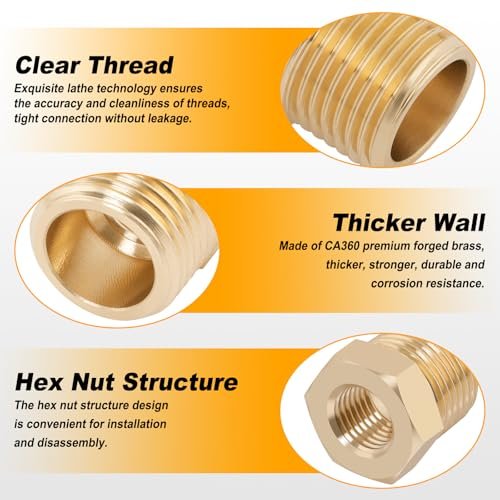 KOOTANS 25PCS Brass Hex Bushing Kit Brass Fittings Assortment 1/4" to 1/8", 3/8" to 1/8", 3/8" to 1/4", 1/2" to 1/4", 1/2" to 3/8" NPT Reducer Pipe Fittings Adapter Fitting