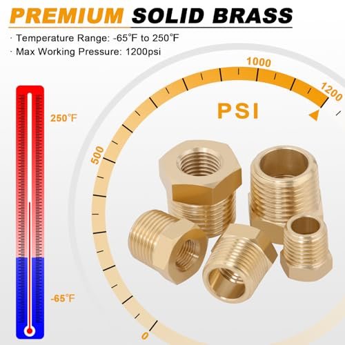 KOOTANS 25PCS Brass Hex Bushing Kit Brass Fittings Assortment 1/4" to 1/8", 3/8" to 1/8", 3/8" to 1/4", 1/2" to 1/4", 1/2" to 3/8" NPT Reducer Pipe Fittings Adapter Fitting