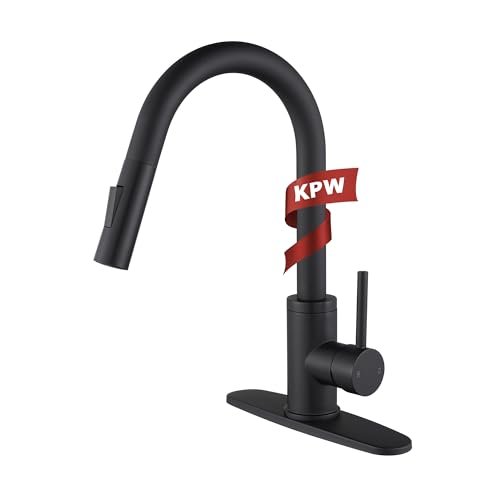 KPW Kitchen Faucets, Matte Black Kitchen Faucet with Pull Down Sprayer, High Arc Single Handle Stainless Steel Sink Faucets 1 or 3 Hole, Kitchen Sink Faucets for Farmhouse Campervan Laundry RV