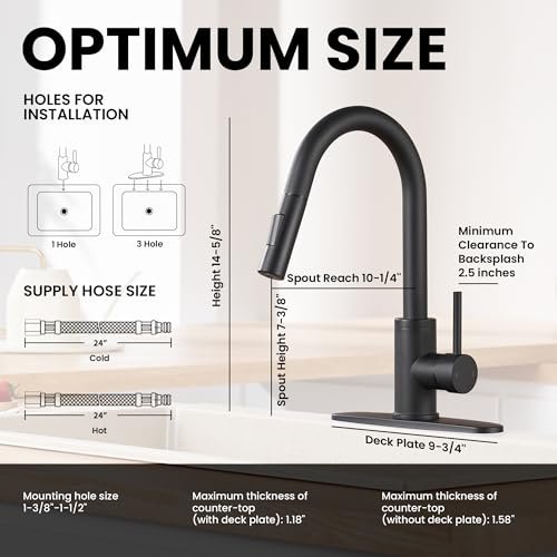 KPW Kitchen Faucets, Matte Black Kitchen Faucet with Pull Down Sprayer, High Arc Single Handle Stainless Steel Sink Faucets 1 or 3 Hole, Kitchen Sink Faucets for Farmhouse Campervan Laundry RV