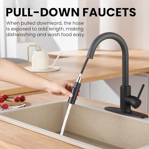 KPW Kitchen Faucets, Matte Black Kitchen Faucet with Pull Down Sprayer, High Arc Single Handle Stainless Steel Sink Faucets 1 or 3 Hole, Kitchen Sink Faucets for Farmhouse Campervan Laundry RV