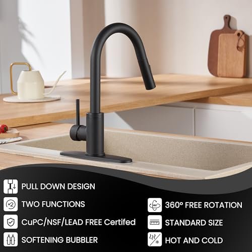 KPW Kitchen Faucets, Matte Black Kitchen Faucet with Pull Down Sprayer, High Arc Single Handle Stainless Steel Sink Faucets 1 or 3 Hole, Kitchen Sink Faucets for Farmhouse Campervan Laundry RV
